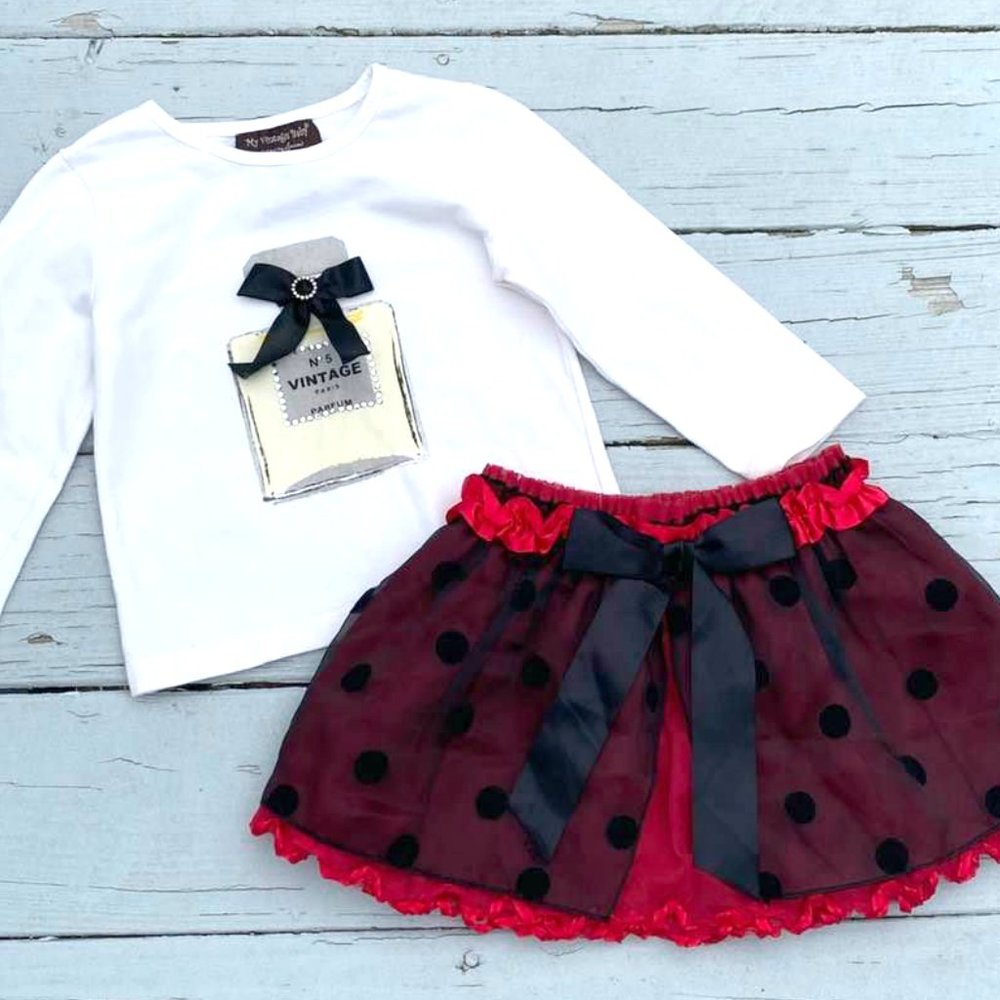 My Vintage Baby Christmas Holiday Tutu Skirt Set- *hanel No 5 Perfume Graphic